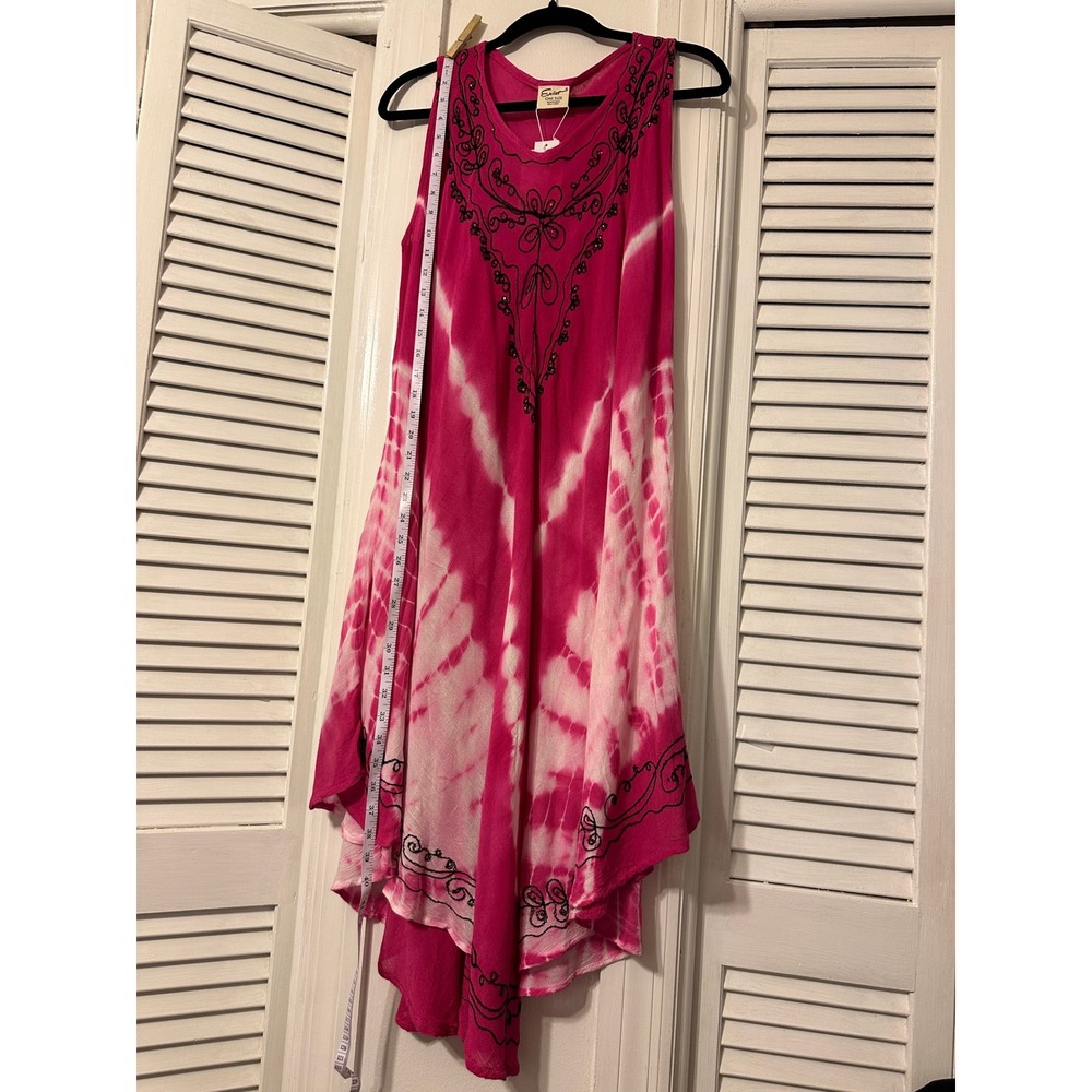 Exist Pink Shibori Maxi Dress Black Embroidered Whimsigoth Sharkbite hem. OS